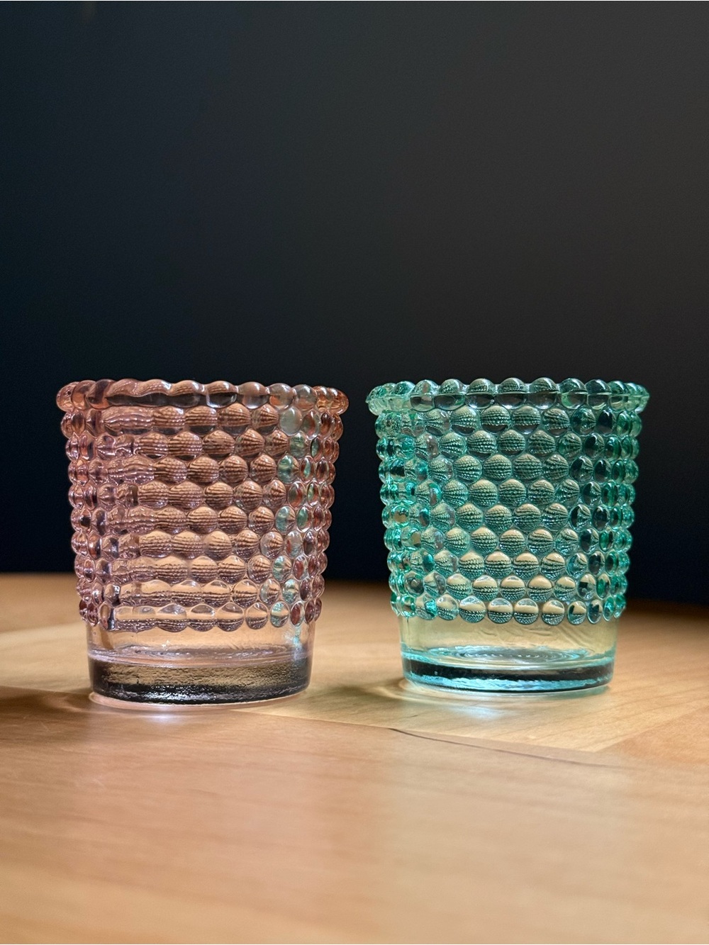 Set of 2 Vintage Hobnail Pink Blue Glass Votive Tealight Candle Toothpick Holder